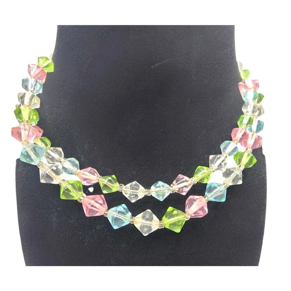 Necklace Confetti Glass Bicone Summer Color Light Green Blue Pink White 14"